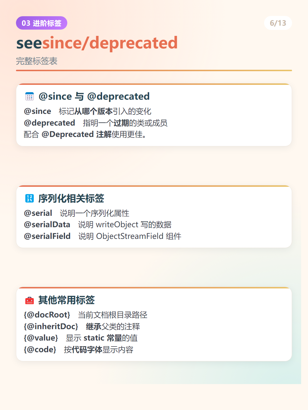 Java 文档注释：seesince/deprecated