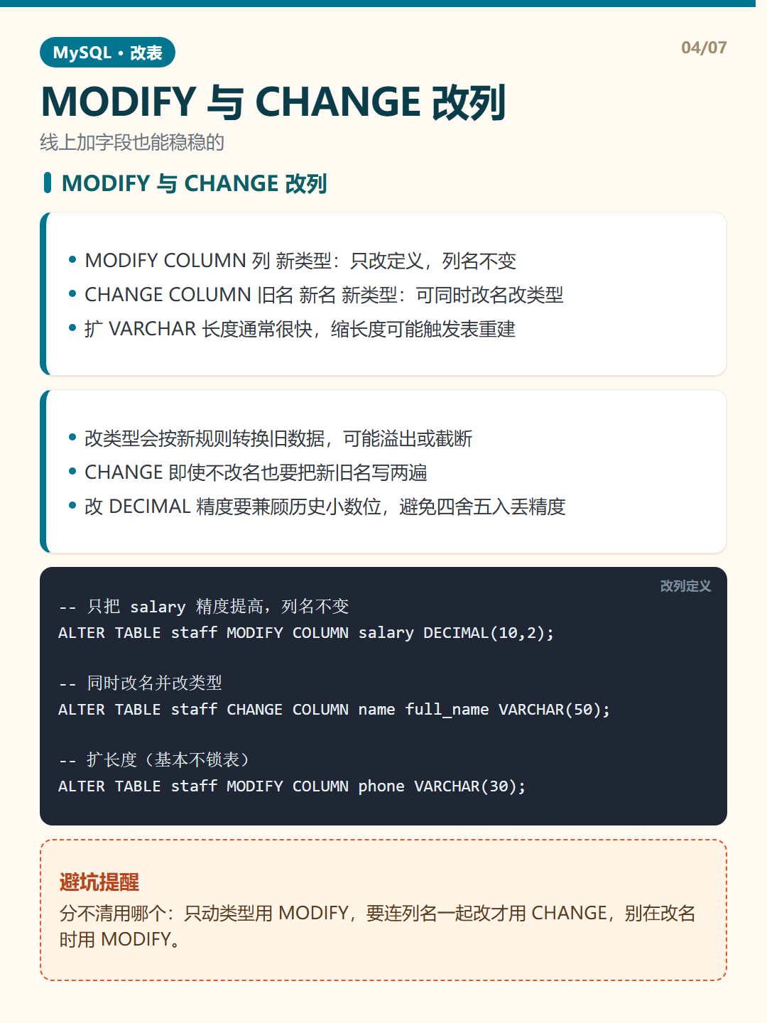 MODIFY 与 CHANGE 改列 · ALTER 改表 知识卡片