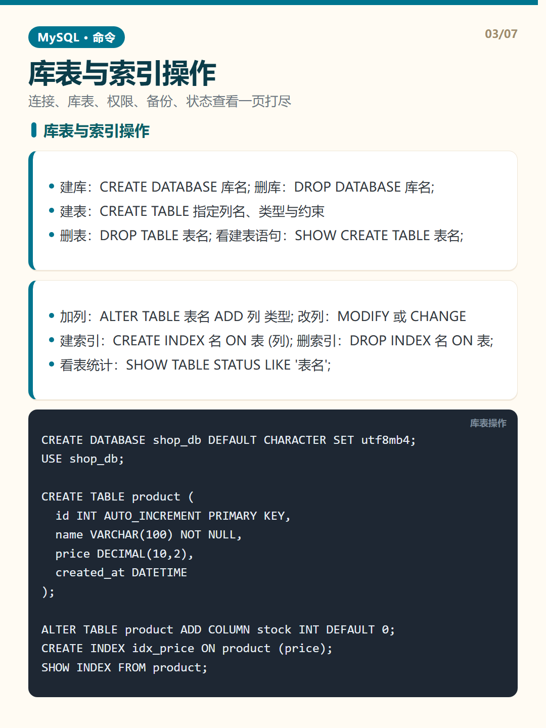 库表与索引操作 · 命令速查 知识卡片