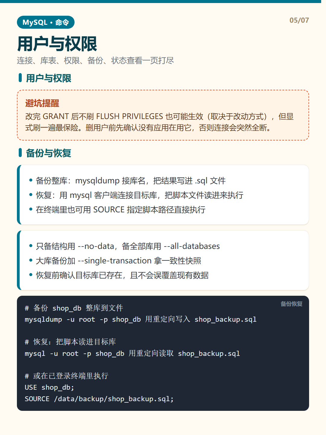 备份与恢复 · 命令速查 知识卡片