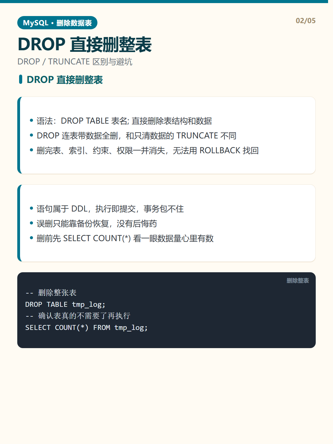 DROP 直接删整表 · 删除数据表 知识卡片