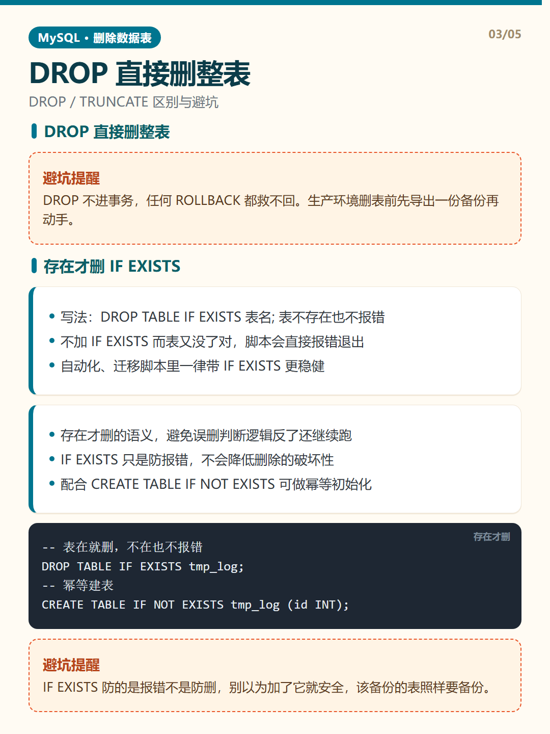 存在才删 IF EXISTS · 删除数据表 知识卡片