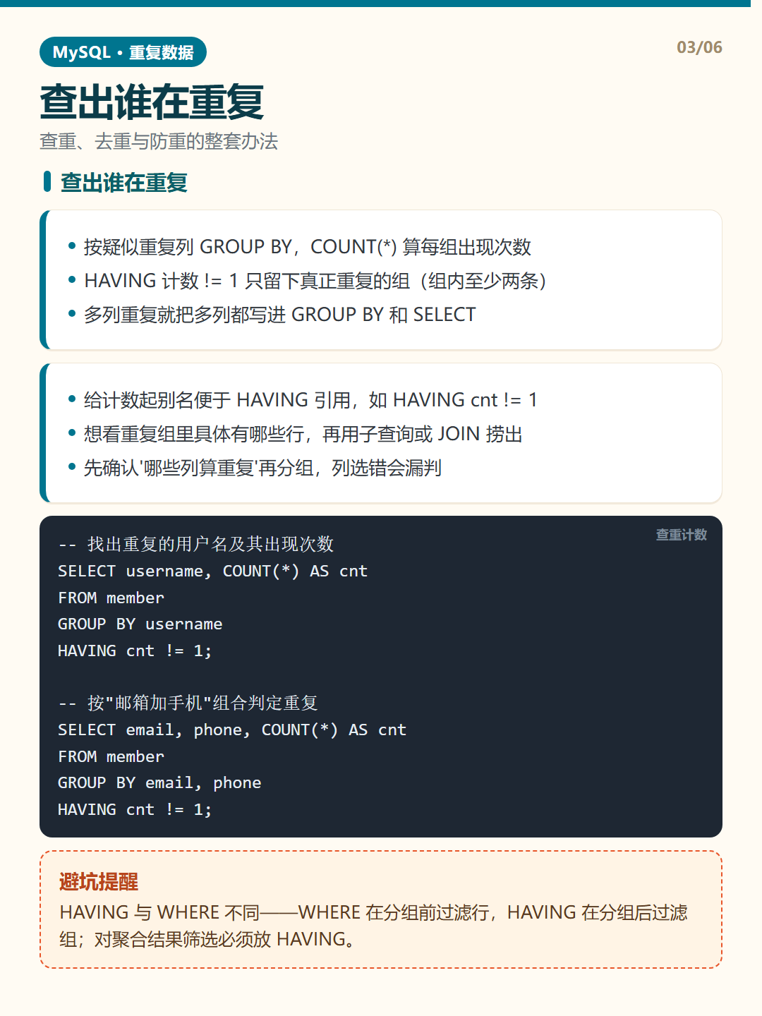 查出谁在重复 · 重复数据处理 知识卡片