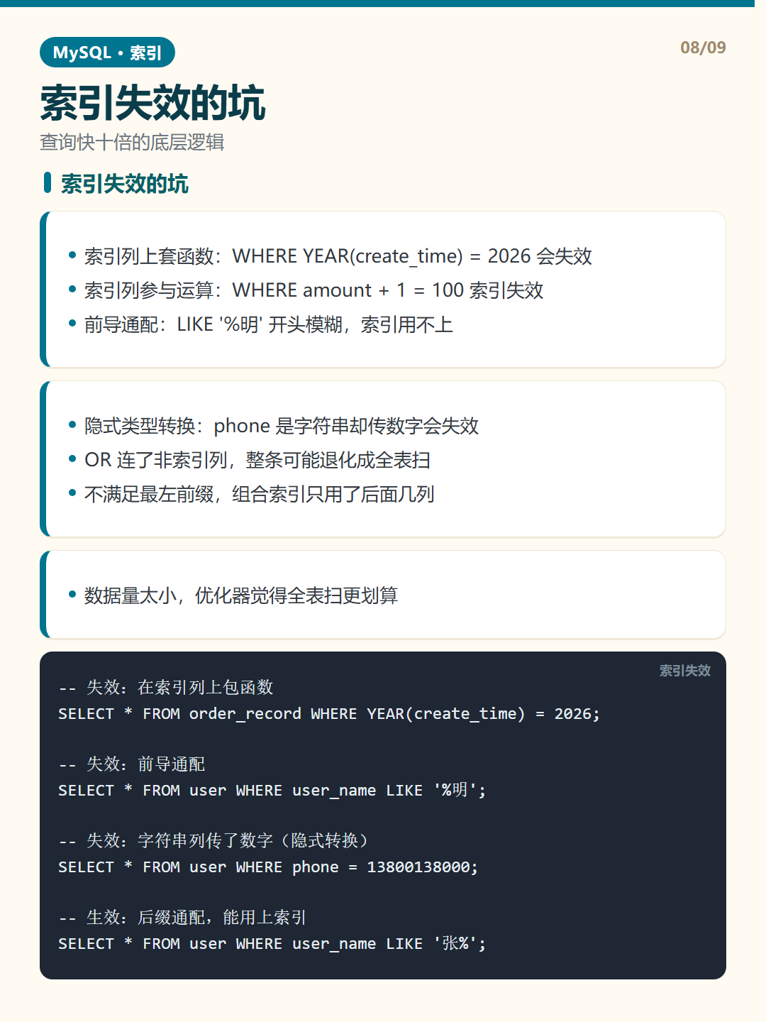 索引失效的坑 · MySQL 索引 知识卡片