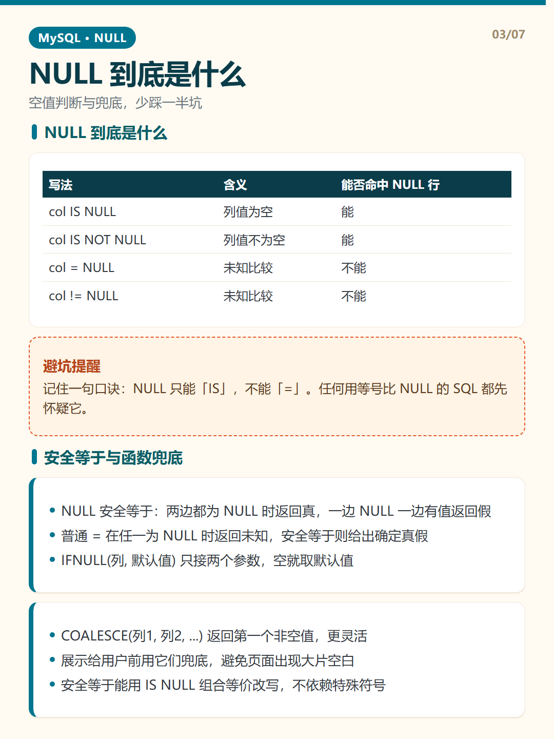 安全等于与函数兜底 · NULL 值处理 知识卡片