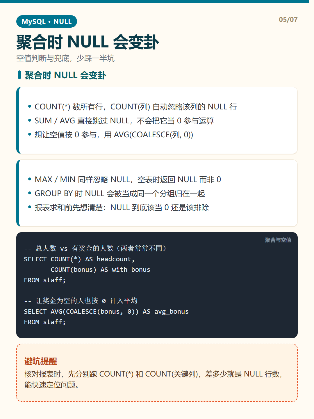 聚合时 NULL 会变卦 · NULL 值处理 知识卡片