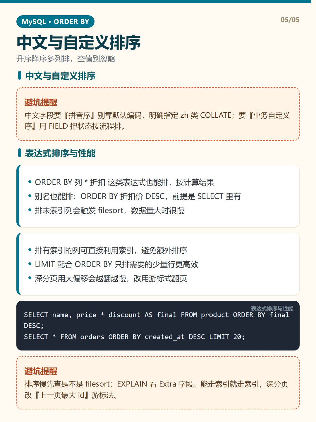 表达式排序与性能 · ORDER BY排序 知识卡片