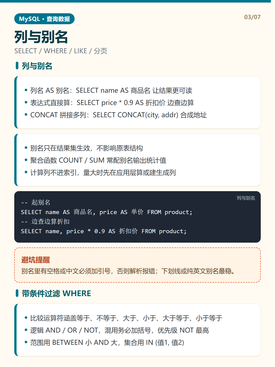 列与别名 · 查询数据 知识卡片