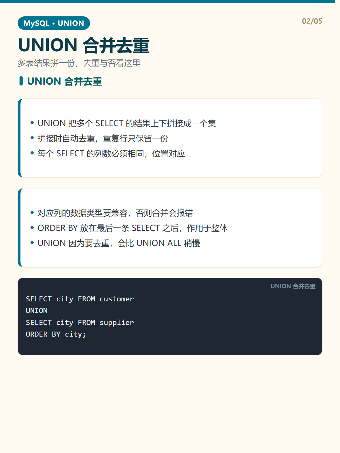 UNION 合并去重 · UNION 联合查询