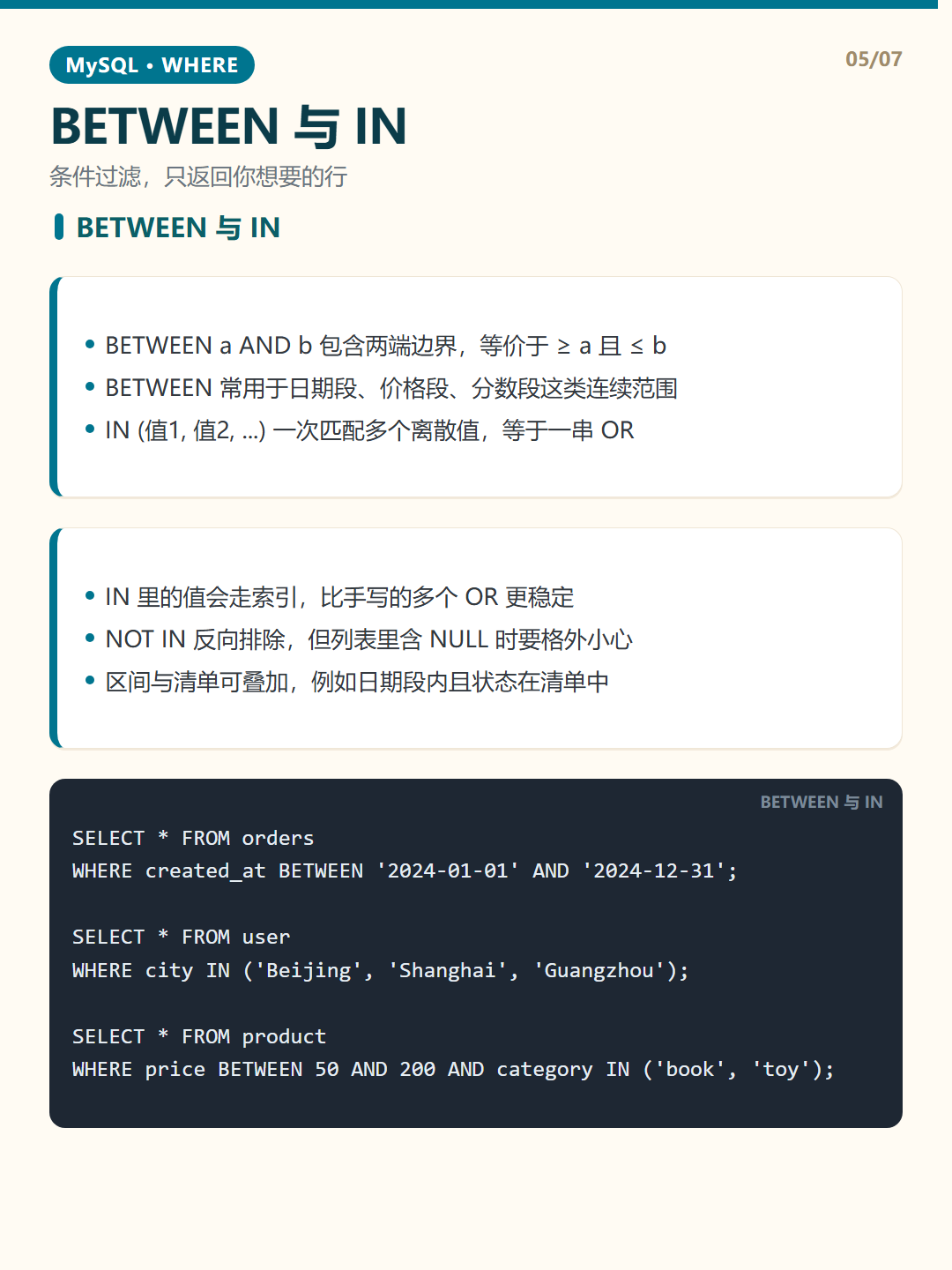 BETWEEN 与 IN · WHERE 条件查询 知识卡片